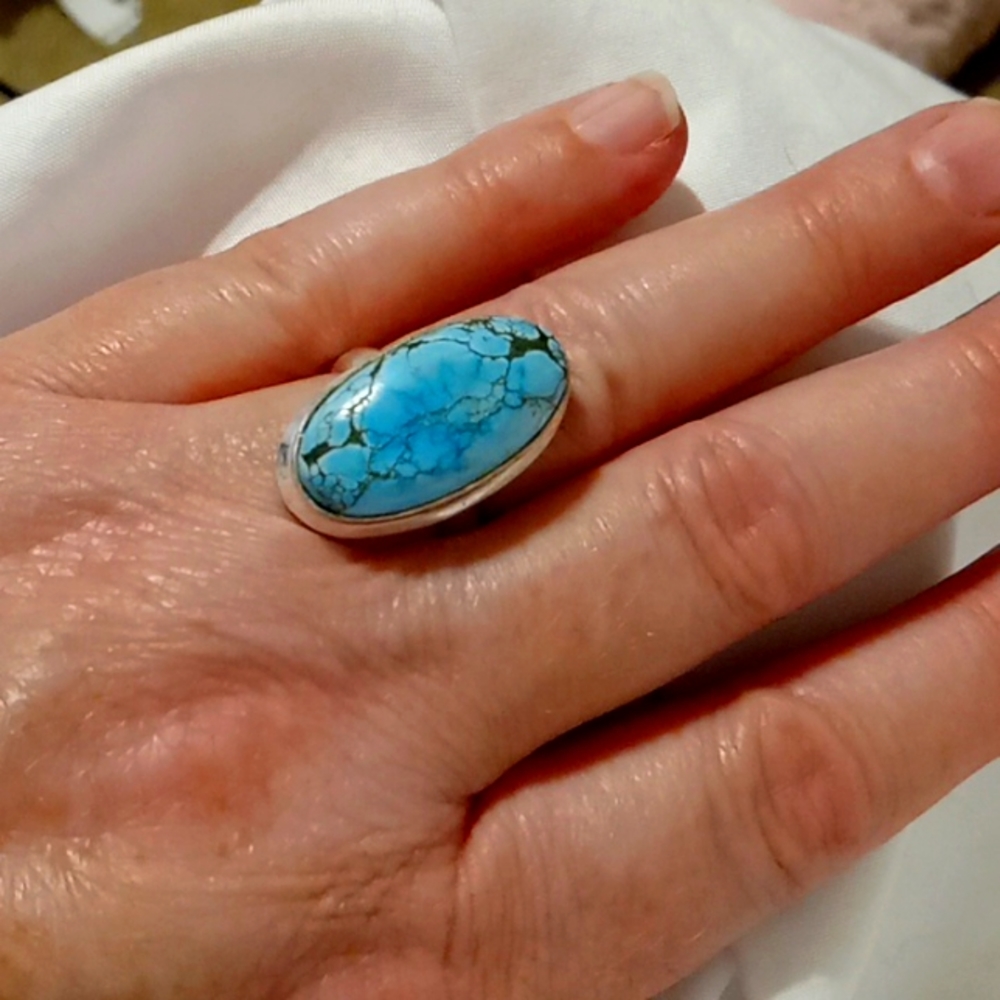 New Real Beautiful Turquoise 925 Perfect Size SIlver Unique Ring Women's Jewelry